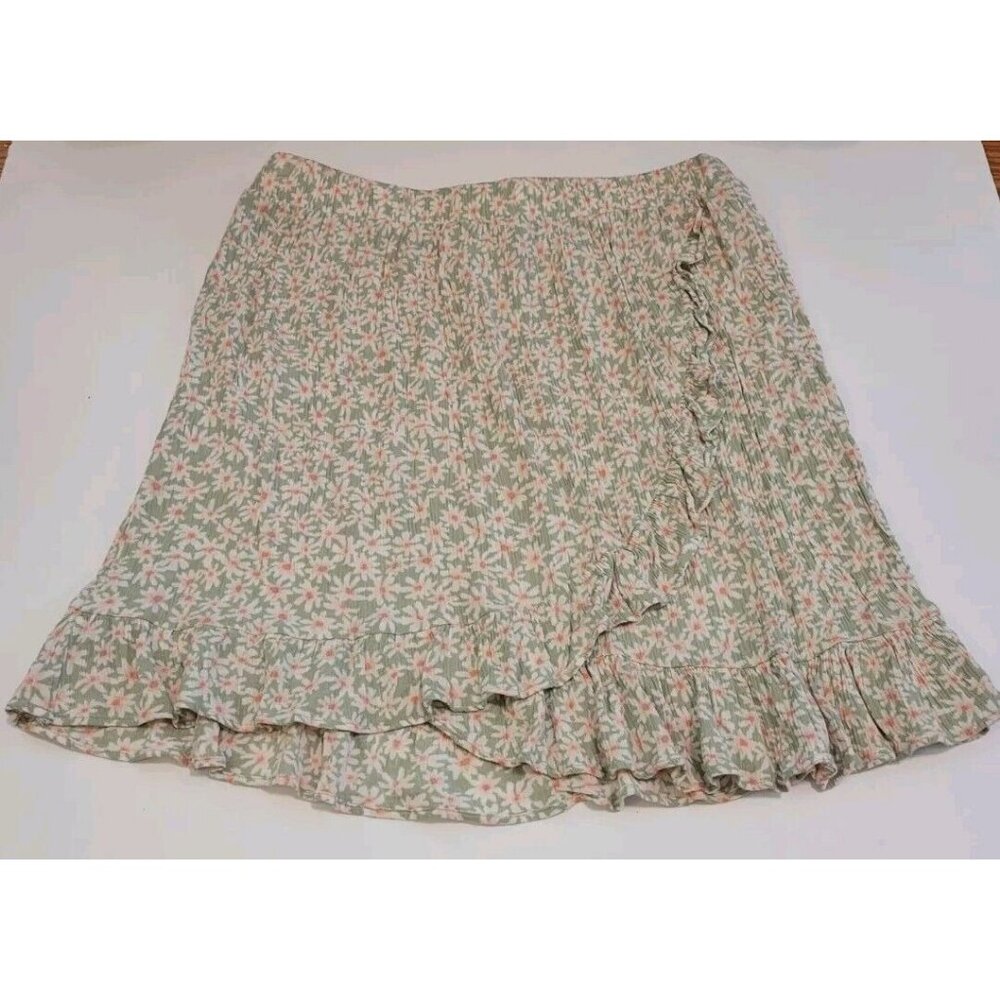 Hippie Rose Juniors Floral Skirt M‎ Ruffle Hem Sage Green Pink Flowers Rayon